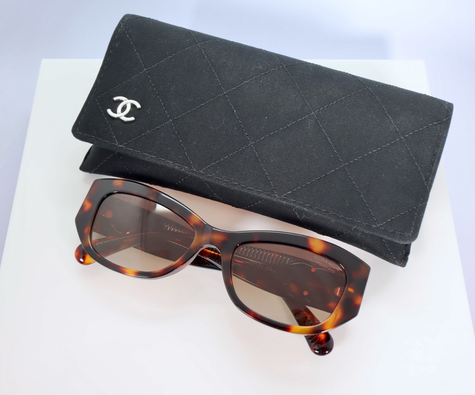 Chanel CH5493 55mm Rectangle Sunglasses in Havana w. Polarized Brown Lens