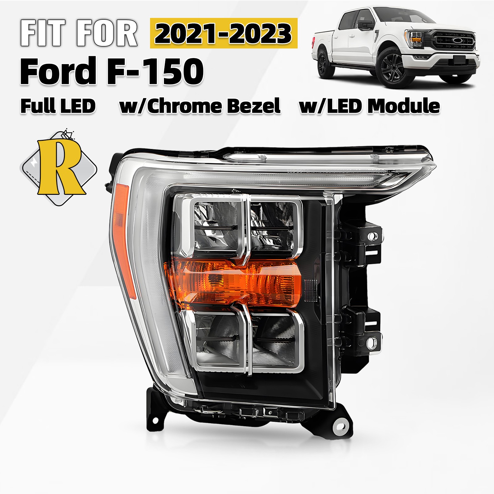 For 2021-2023 Ford F-150 LED Headlight Chrome Bezel w/o AFS Right Passenger Side