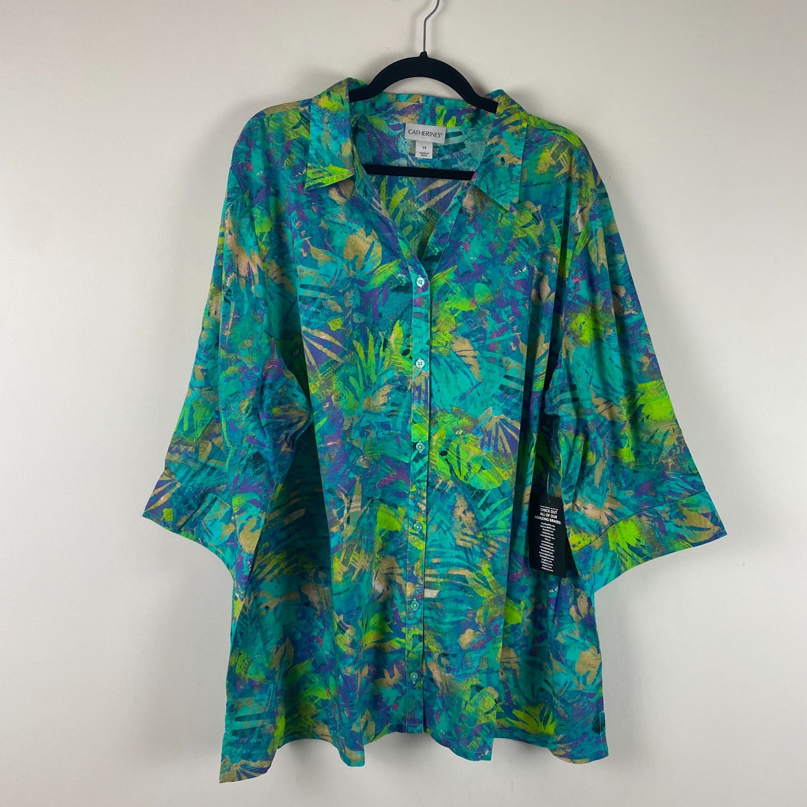 Catherines Button Up Shirt Size 3X Lightweight Cotton 3/4 Sleeves Blue Green