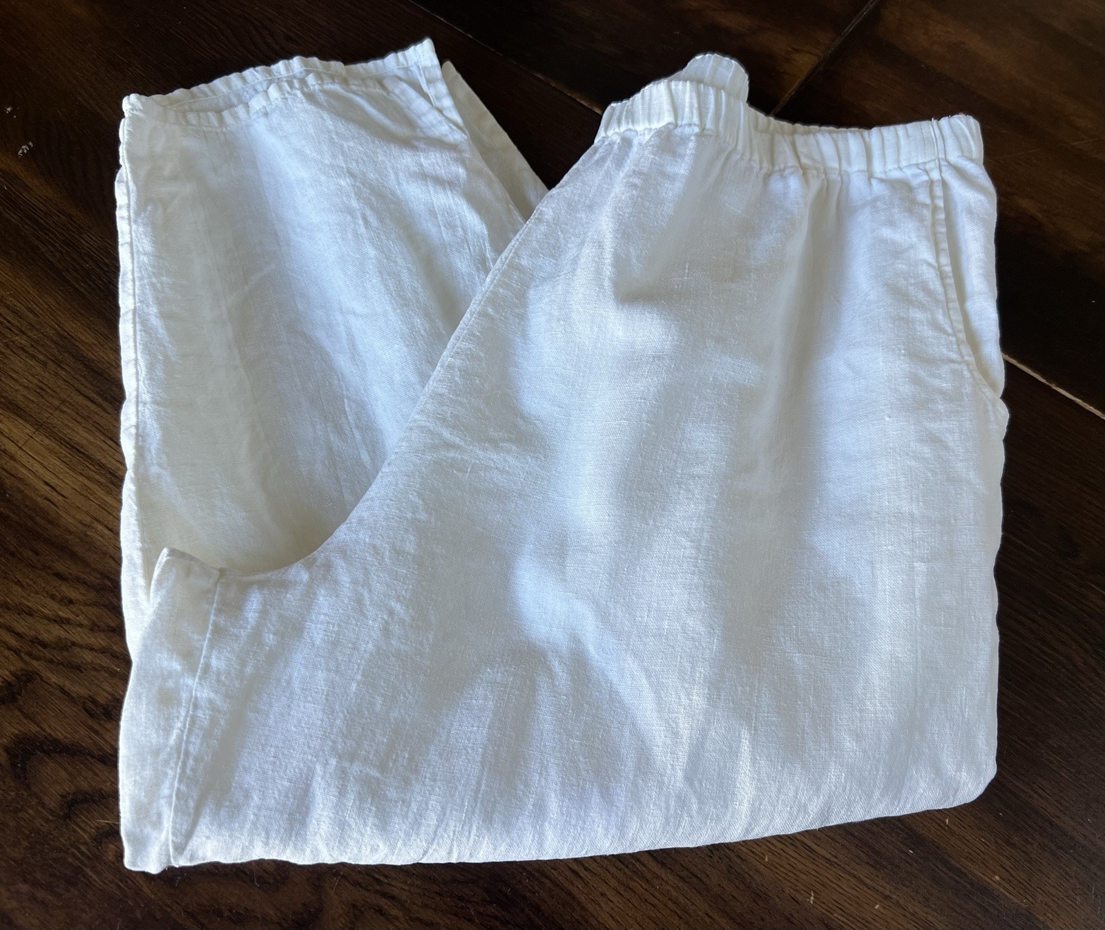 Flax Vtg 100% Linen Floods Women’s M (10-14) Cream Pull On Pants Elastic Pockets