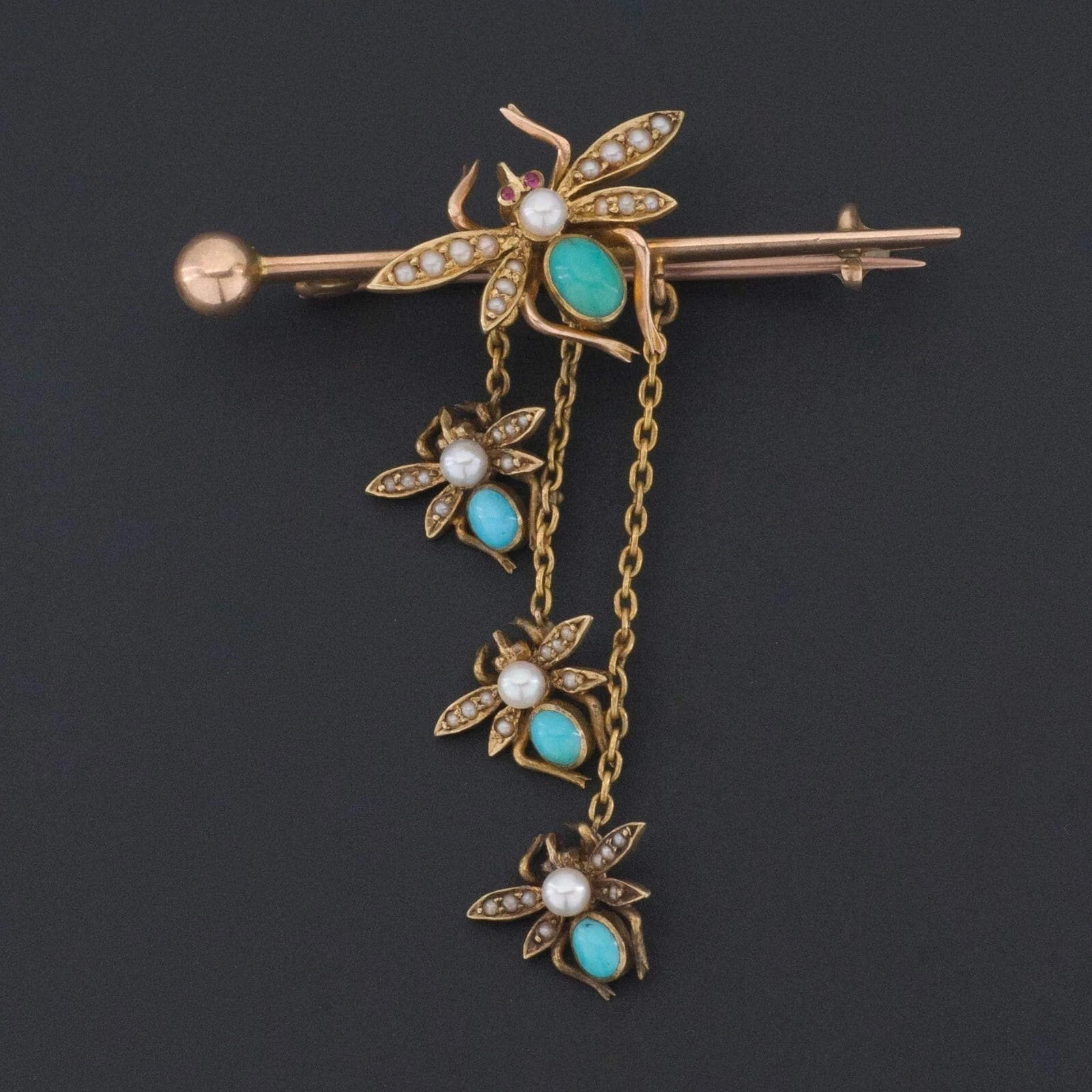 Antique Victorian Turquoise Pearl Diamond 18k Yellow Gold Over Fly Brooch Pin