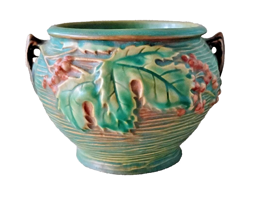 VINTAGE ROSEVILLE POTTERY GREEN BUSHBERRY JARDINIERE #657-4 USA 1940s VINTAGE ROSEVILLE POTTERY GREEN BUSHBERRY JARDINIERE #657-4 USA 1940s