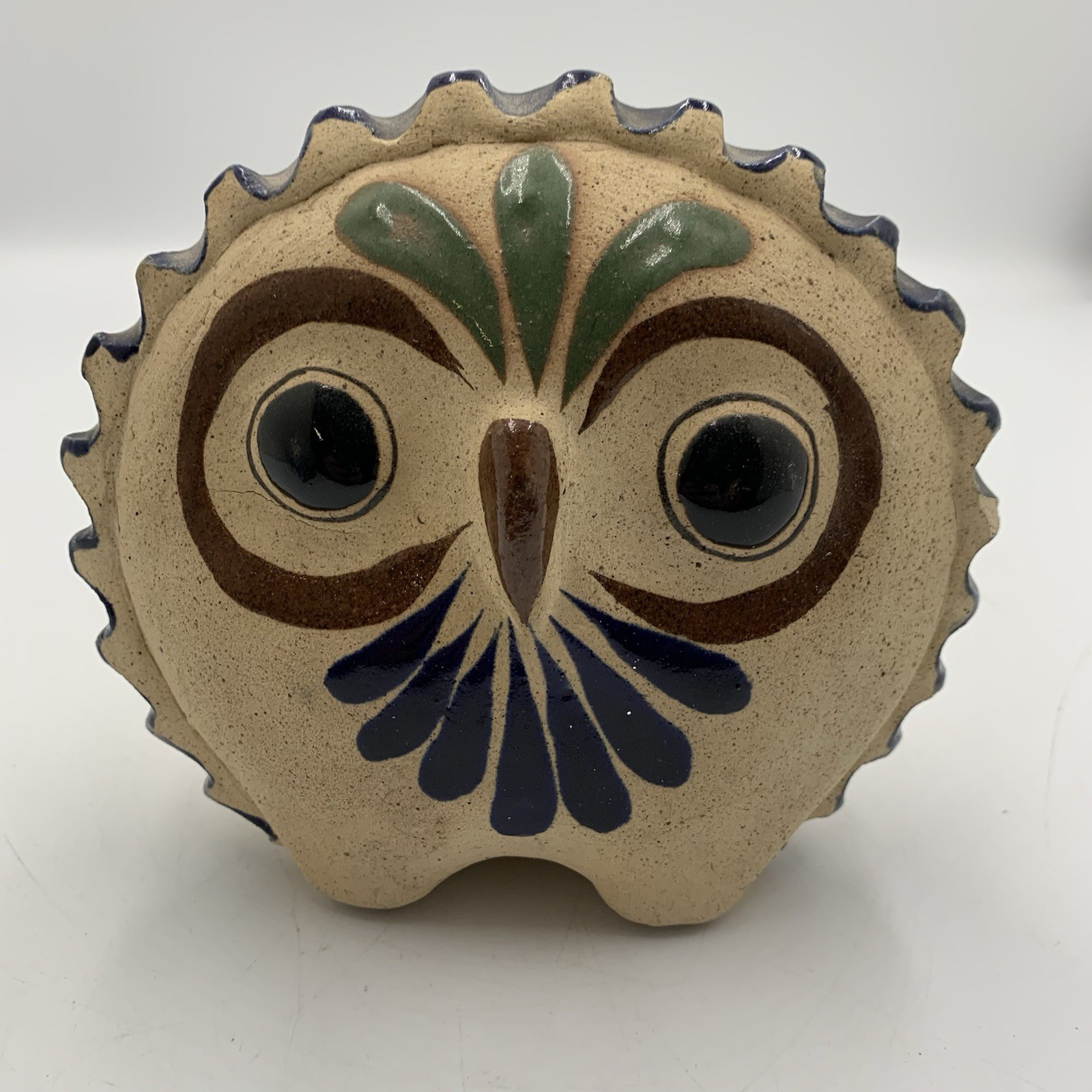 Mexican Tonala Pottery Owl Handpainted Floral Design Scalloped Border Mexican Tonala Pottery Owl Handpainted Floral Design Scalloped Border