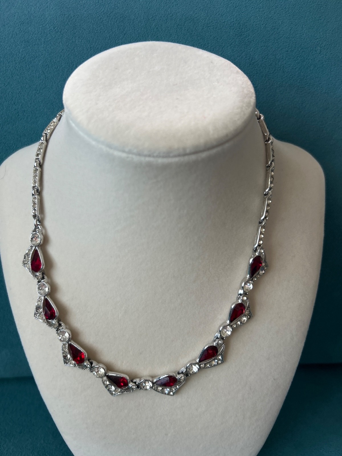 Vintage 1950's Bogoff Red Rhinestone Necklace Rhodium Plated