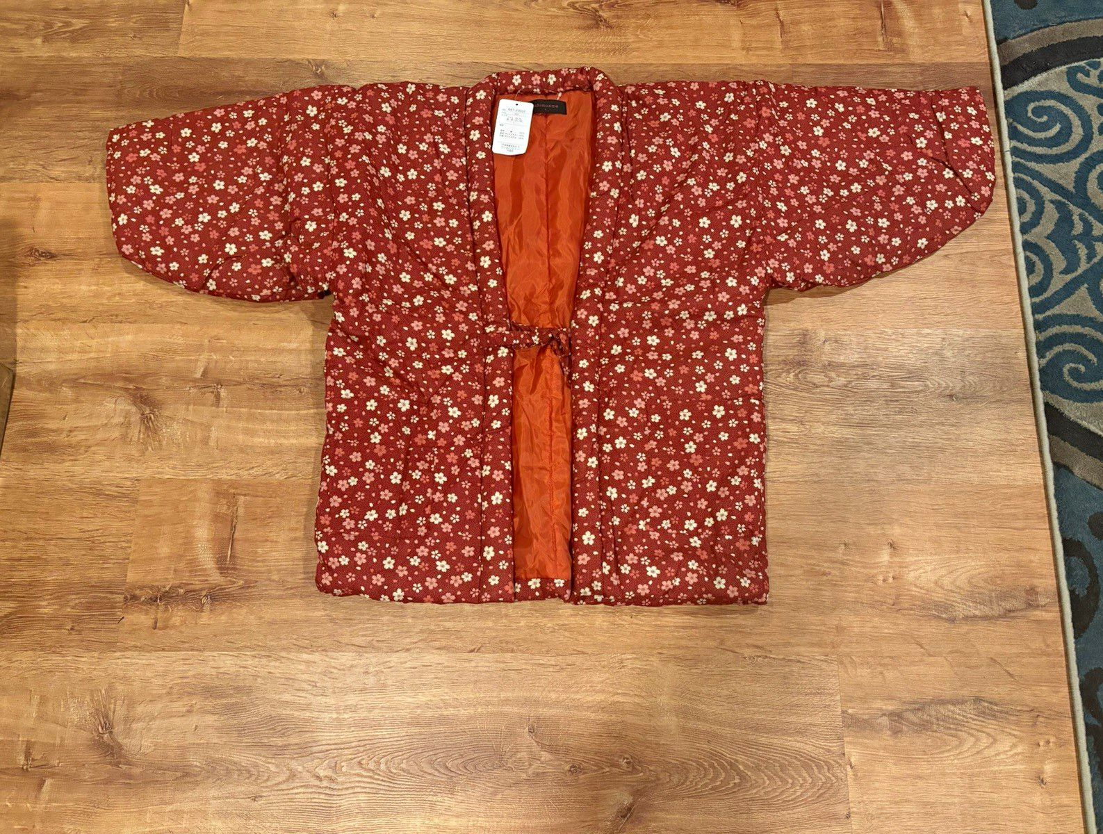 Ichimonme Red Floral Haori Kimono Jacket Quilted Polyester Orange Lining  large 