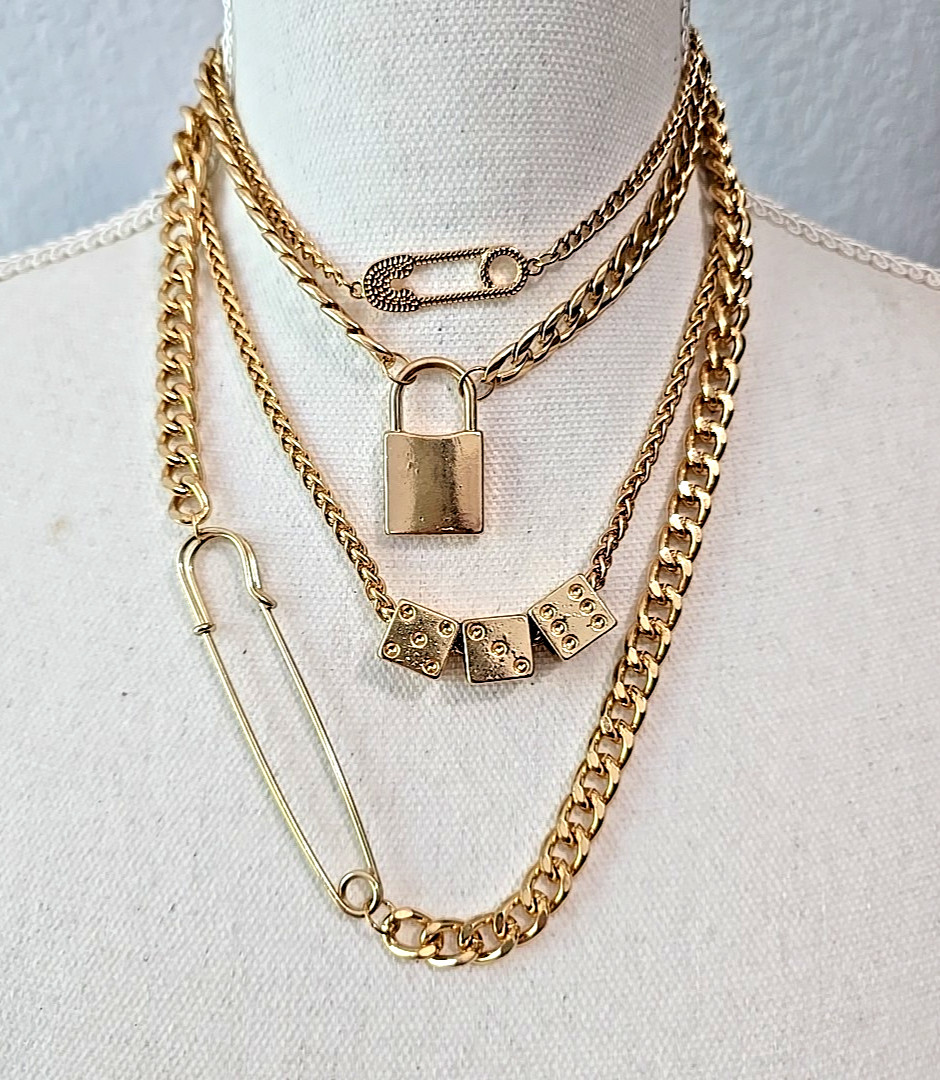 Vintgae 90s Gold Tone Goth Punk 4 strands Chains Choker Layered Necklace 15.5\ Vintgae 90s Gold Tone Goth Punk 4 strands Chains Choker Layered Necklace 15.5\