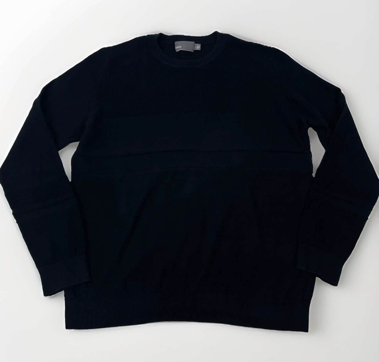 Vince Mixed Rib Crewneck Sweater Black 100% Cotton Mens L Preppy City Classic