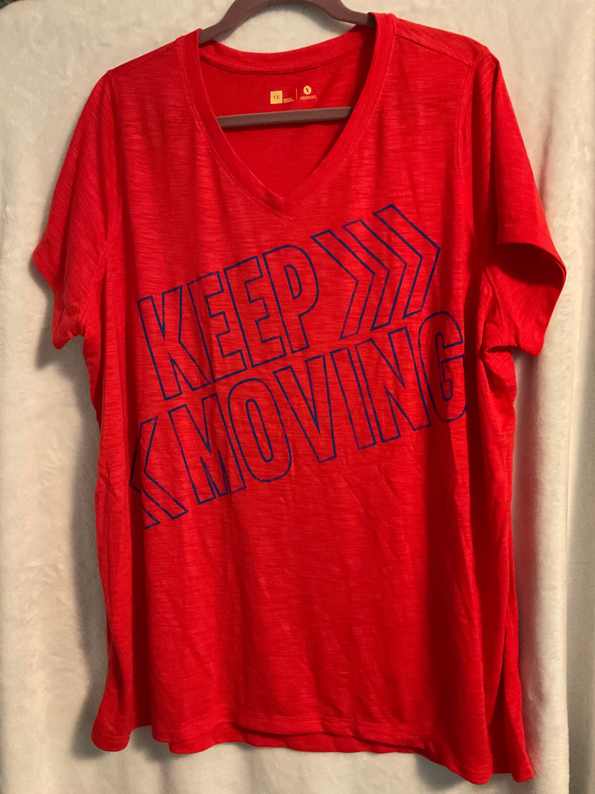 Xersion Plus Orange & Blue Multi Motivational Polyester Rayon Short Sleeve Top