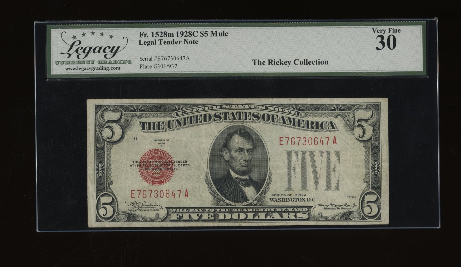DBR 1928-C $5 Legal Mule Fr. 1528m EA Block Legacy 30 Serial E76730647A
