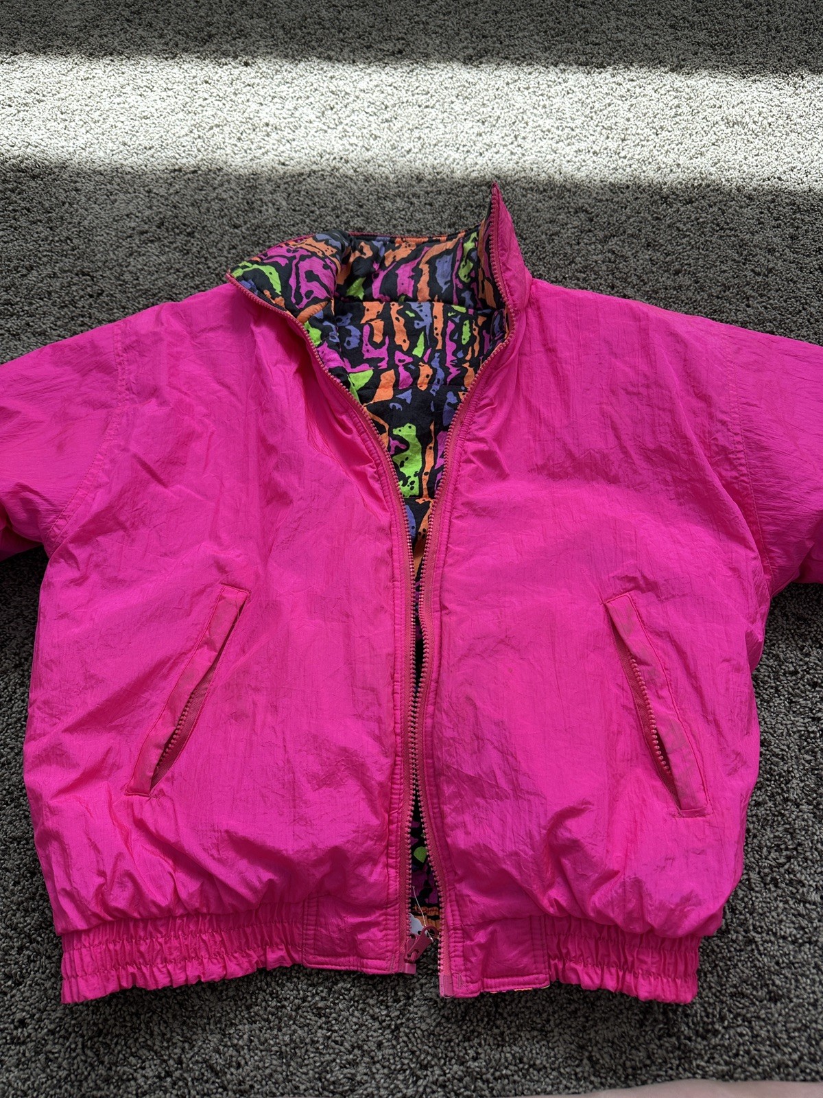 Hanging Loose Vintage Puffer Jacket Reversible, Neon Pink XL