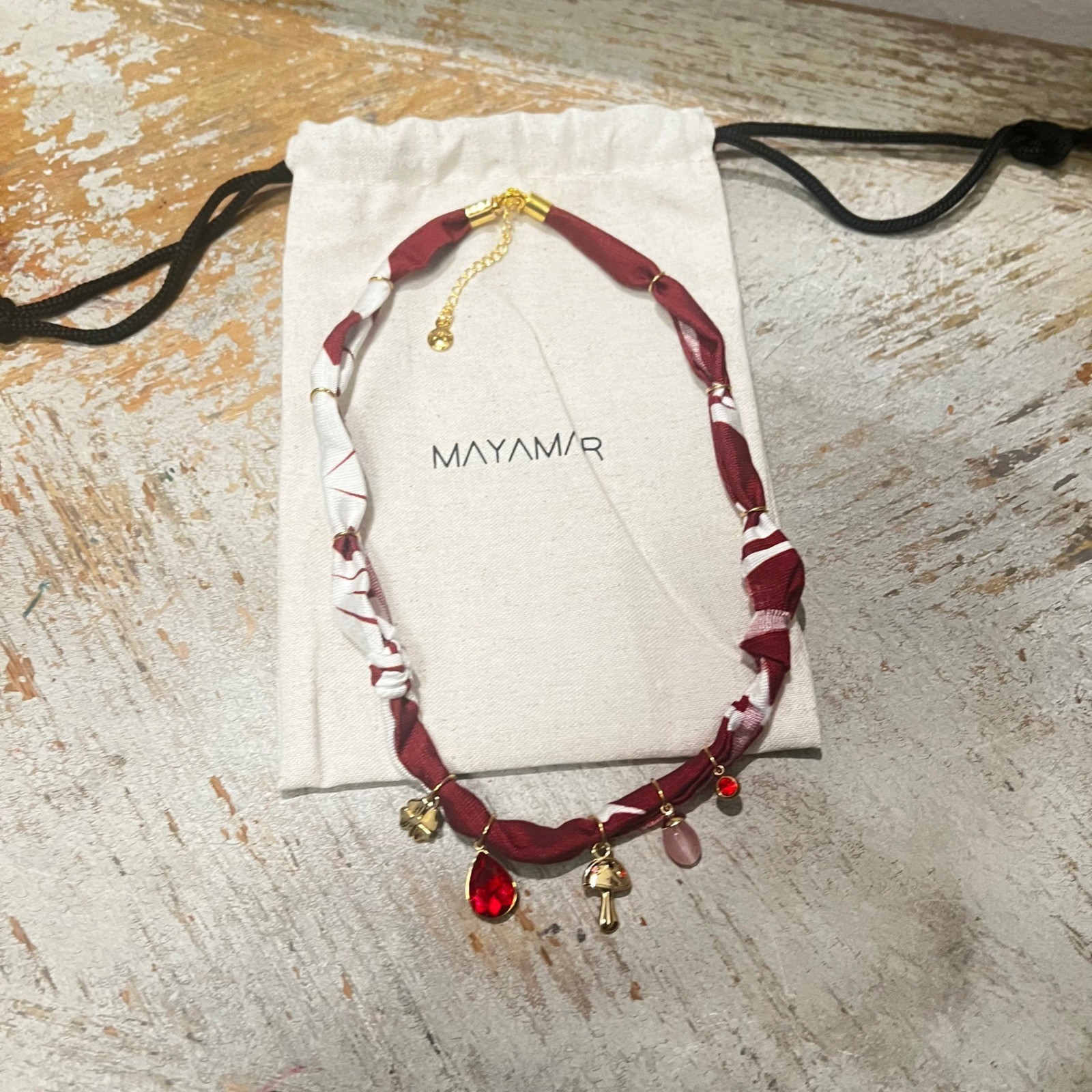 Mayamar Burgundy Bandana Cord Charm Necklace Mushroom Clover Crystal Gold Tone
