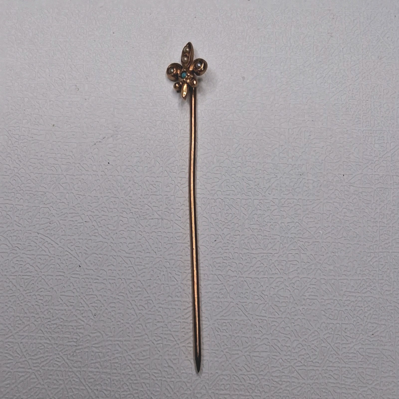 Antique Victorian Gold Filled Seed Pearl & Turquoise Fleur De Lis Stick Pin Antique Victorian Gold Filled Seed Pearl & Turquoise Fleur De Lis Stick Pin