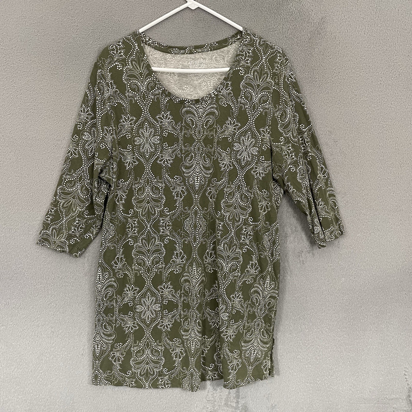 Catherines Top Womens Plus 0X Green Floral 3/4 Sleeve Round Neck Easy Fit