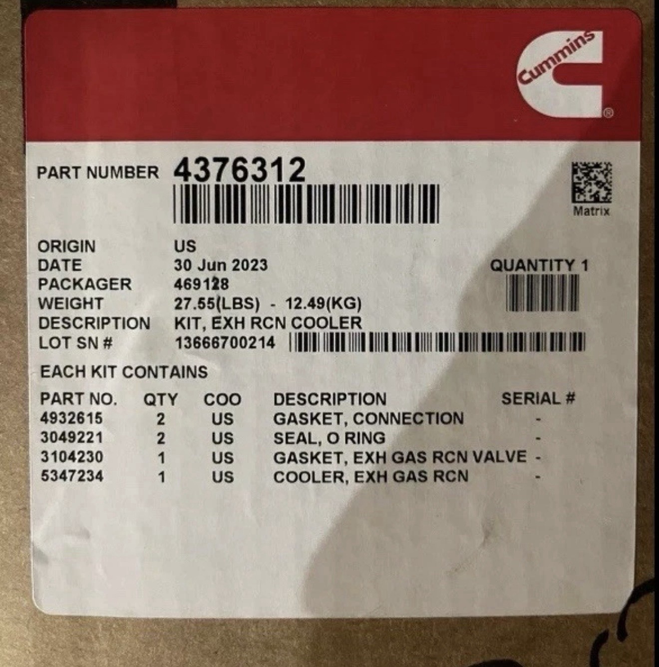 4376312 Genuine Cummins Egr Cooler 4376312 Genuine Cummins Egr Cooler