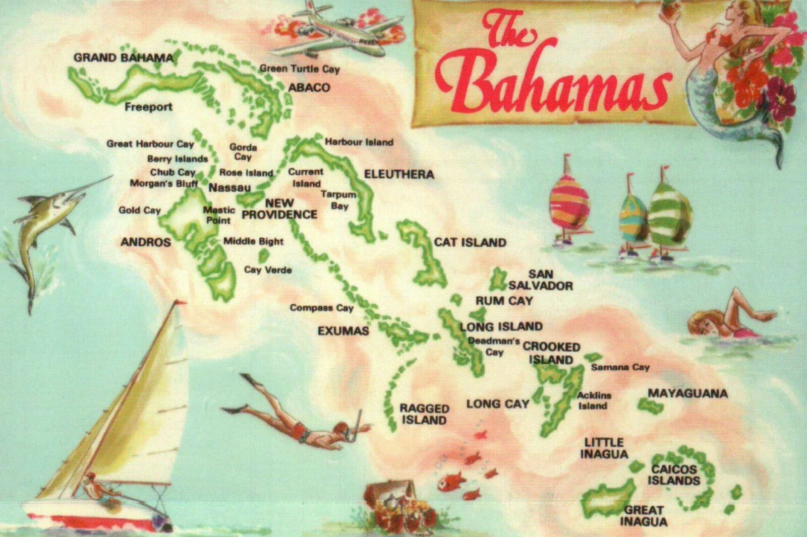 Map Postcard of The Bahamas, 700 Islands and Cays, New Providence, Nassau, etc.