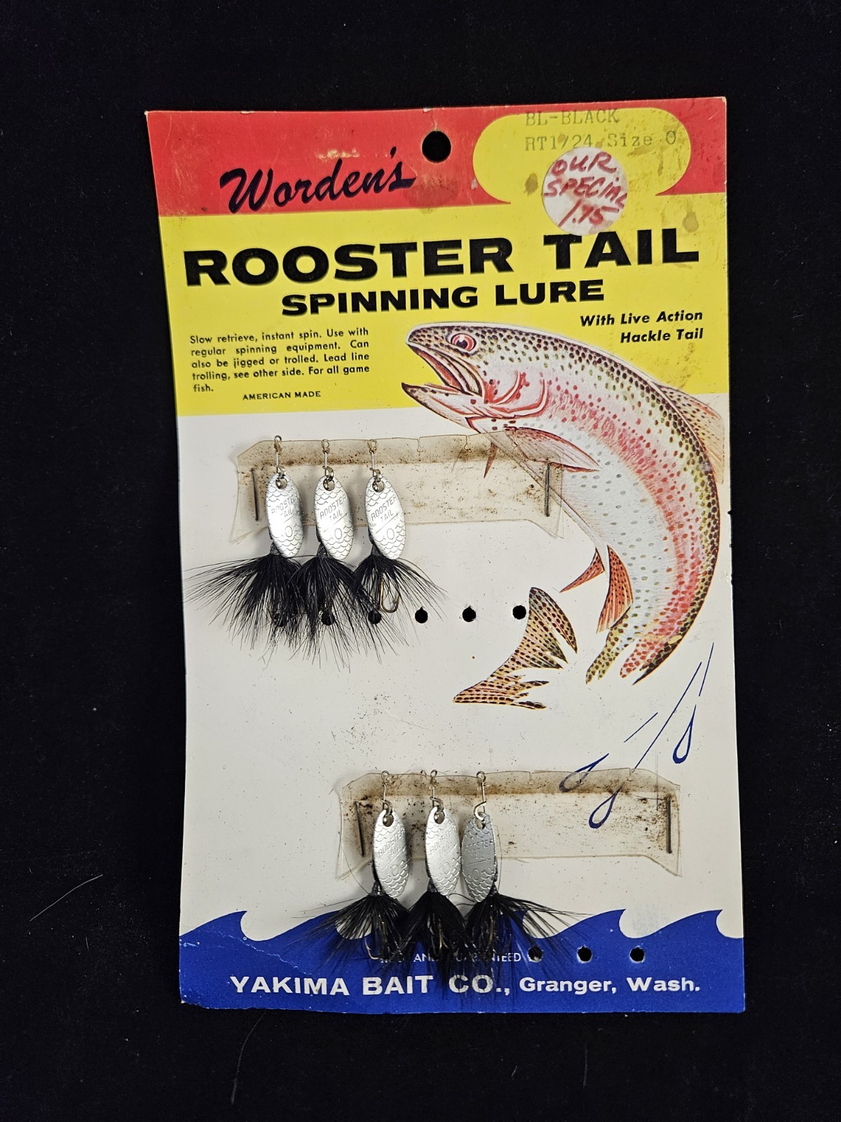 Vintage Worden\'s Rooster Tail Spinner Display Card  1/24 oz Black with 6 Lures
