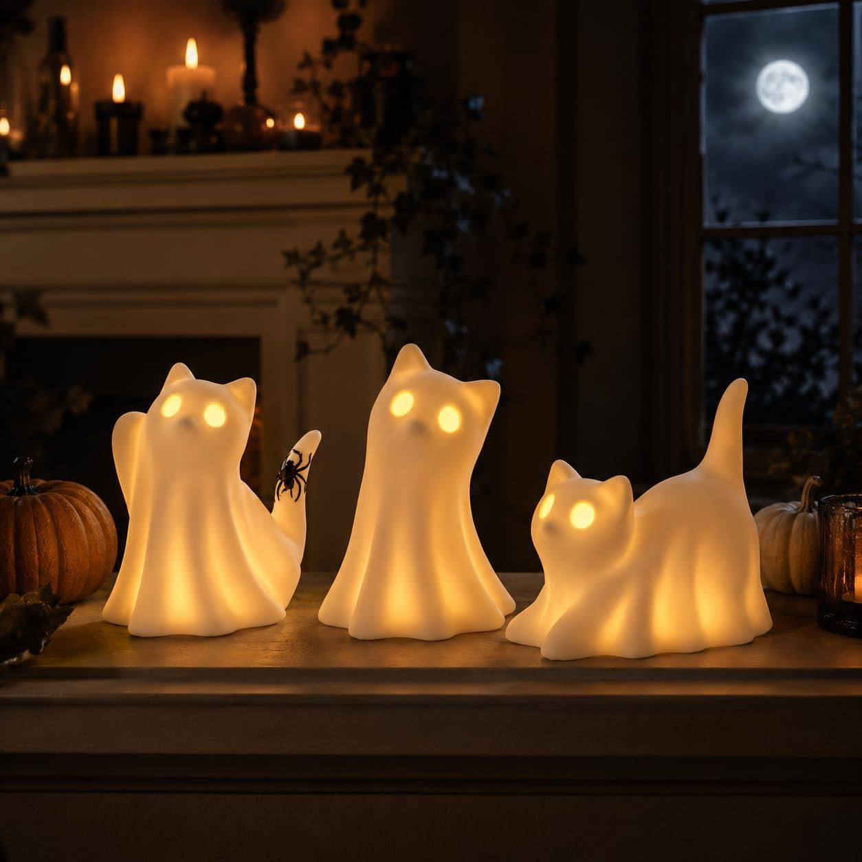 3PCS Ceramic Ghost Cat Light up Decor Cat Ghost Halloween Decor | LED White Ghos