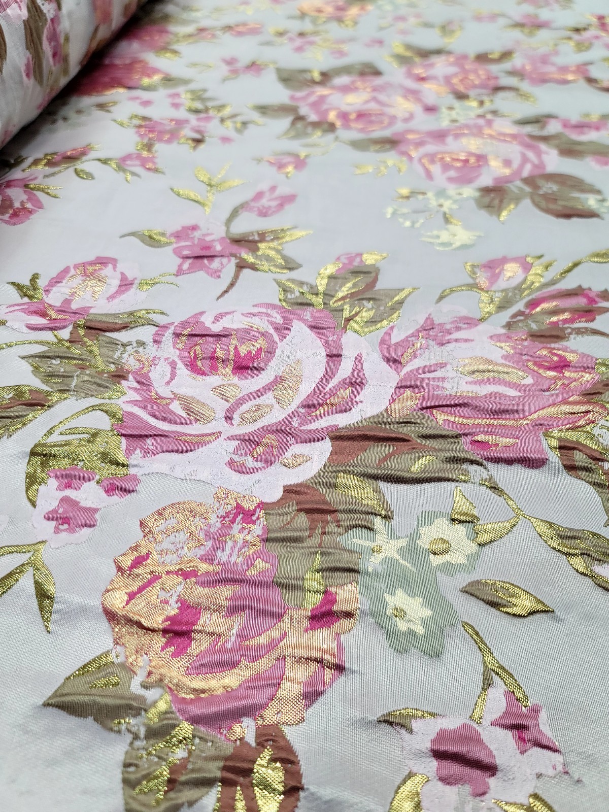 Pink Floral Roses Metallic Gold Brocade Fabric Sold By The Yard For Dress Deco 