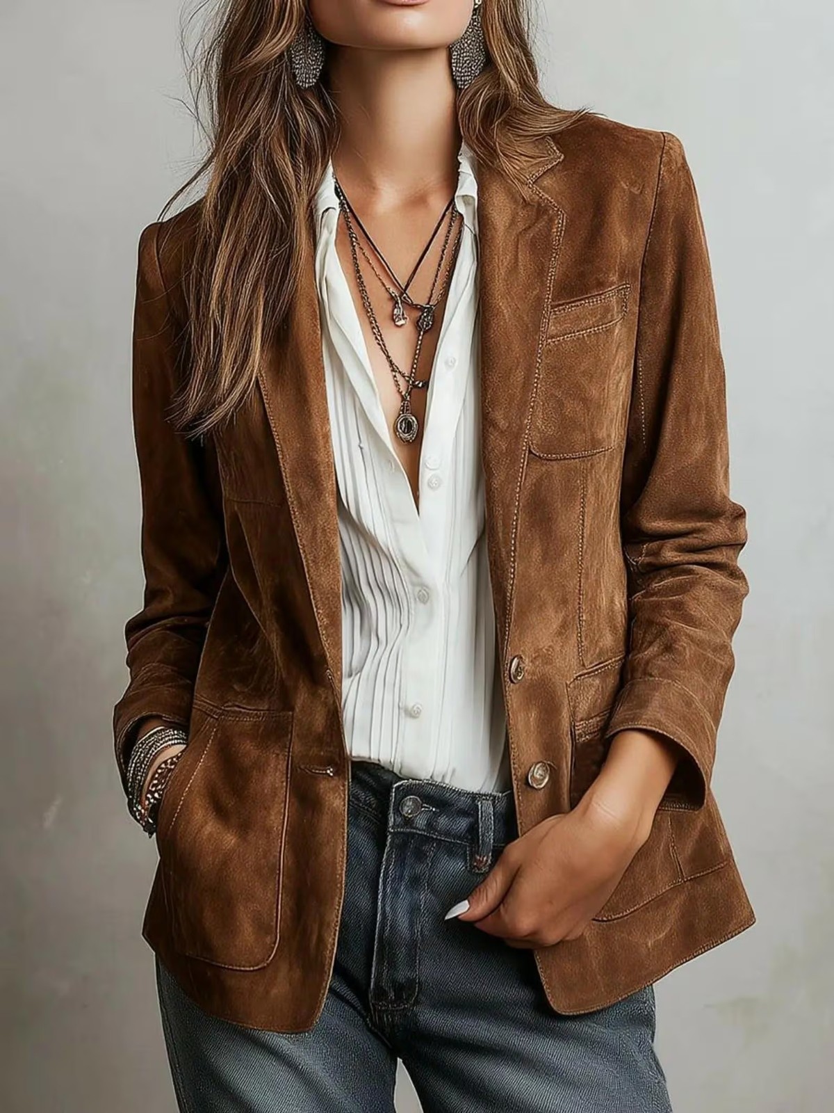 Women's Brown Suede Leather Blazer Jacket Real Suede Smart Casual Office Coat