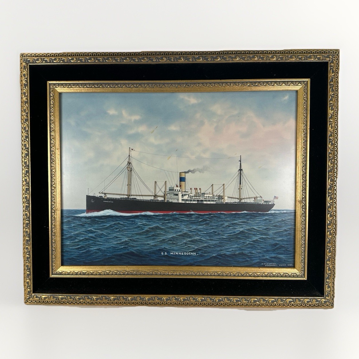 1959 T Hagiwara Yokohama Japan Watercolor Painting S.S. Minnesotan Ship