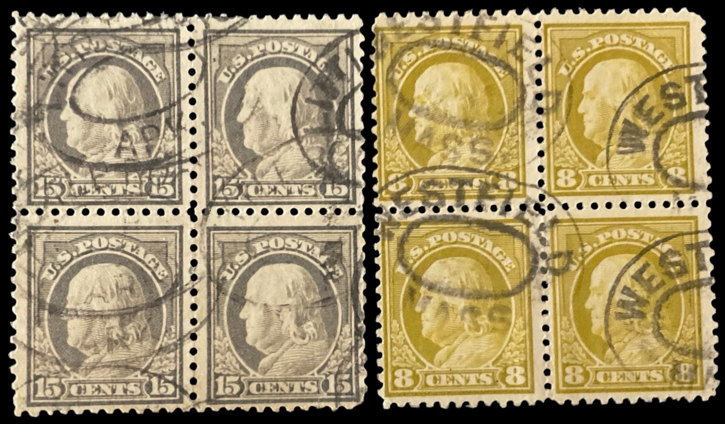 SAR23: US Scott 418/431 Franklin Block of 4 Fancy Cancel Used 1917 VG