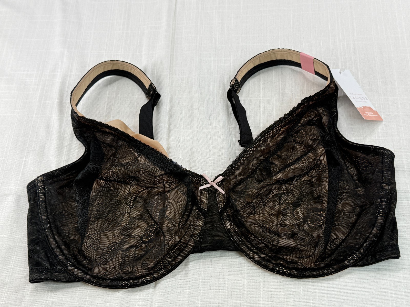 Cacique Modern Lace Unlined Full Coverage Bra 42DDD Black Nude NWT 1043820
