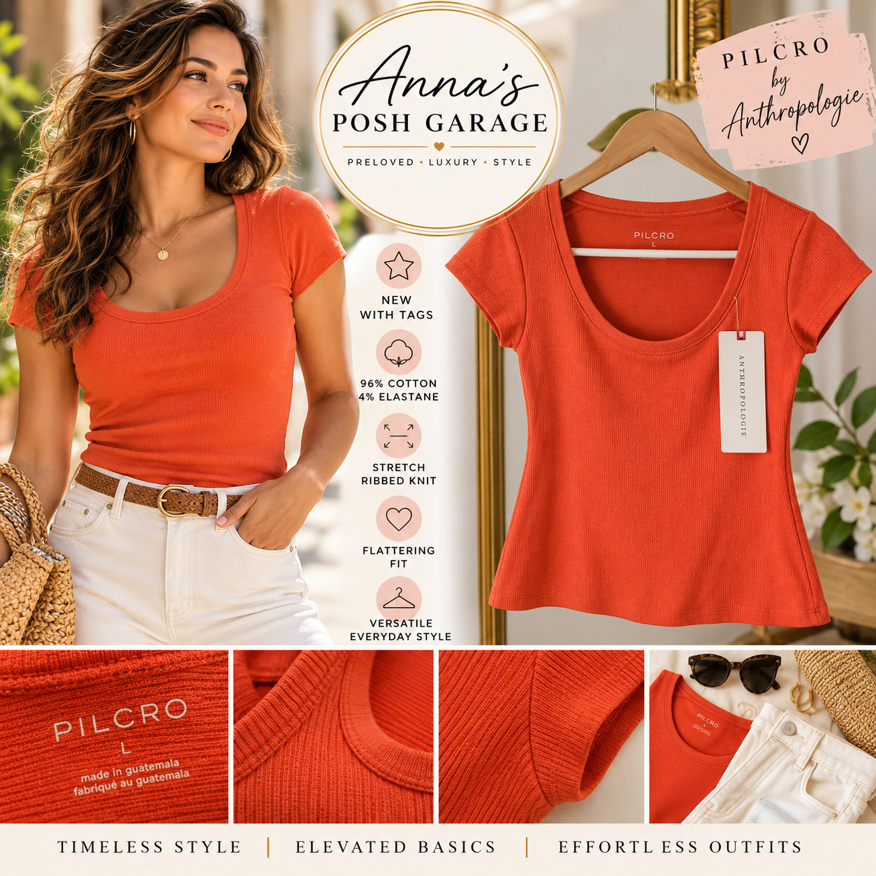 Pilcro Anthropologie Women\'s L Orange Ribbed Scoop Neck Short Sleeve Tee