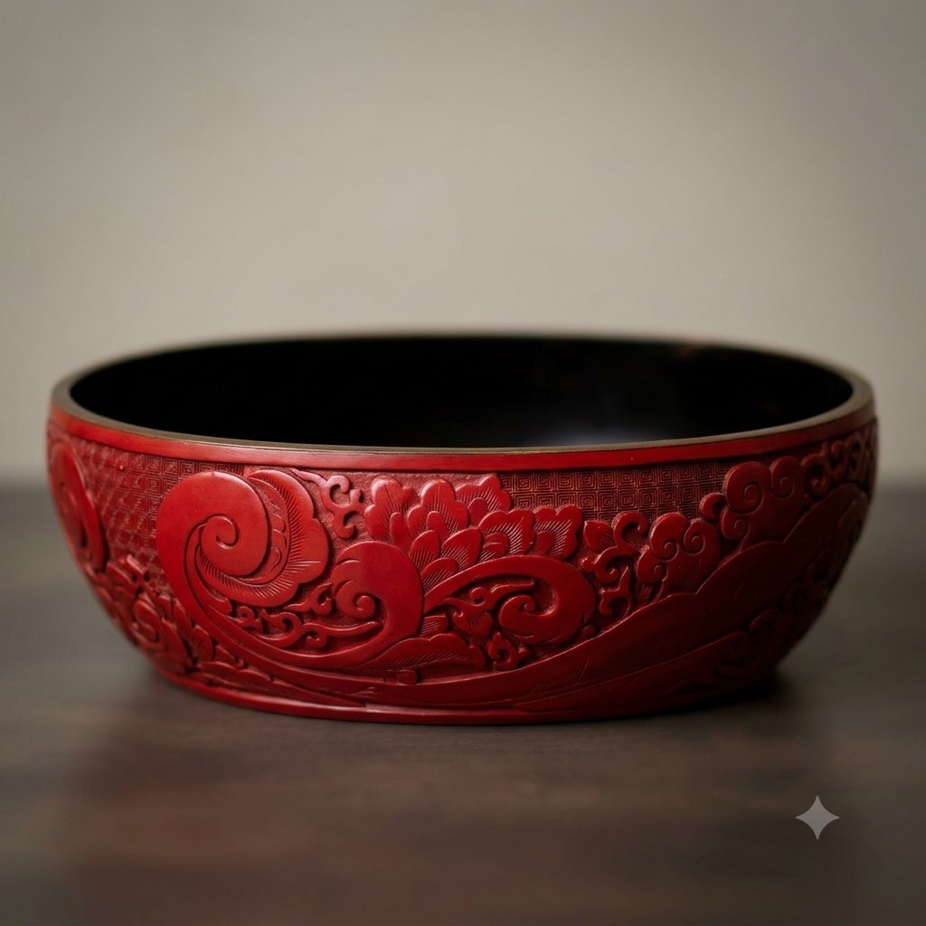 Vtg Mid 20th Century Chinese Hand Carved Floral Cinnabar Lacquer Large Bowl