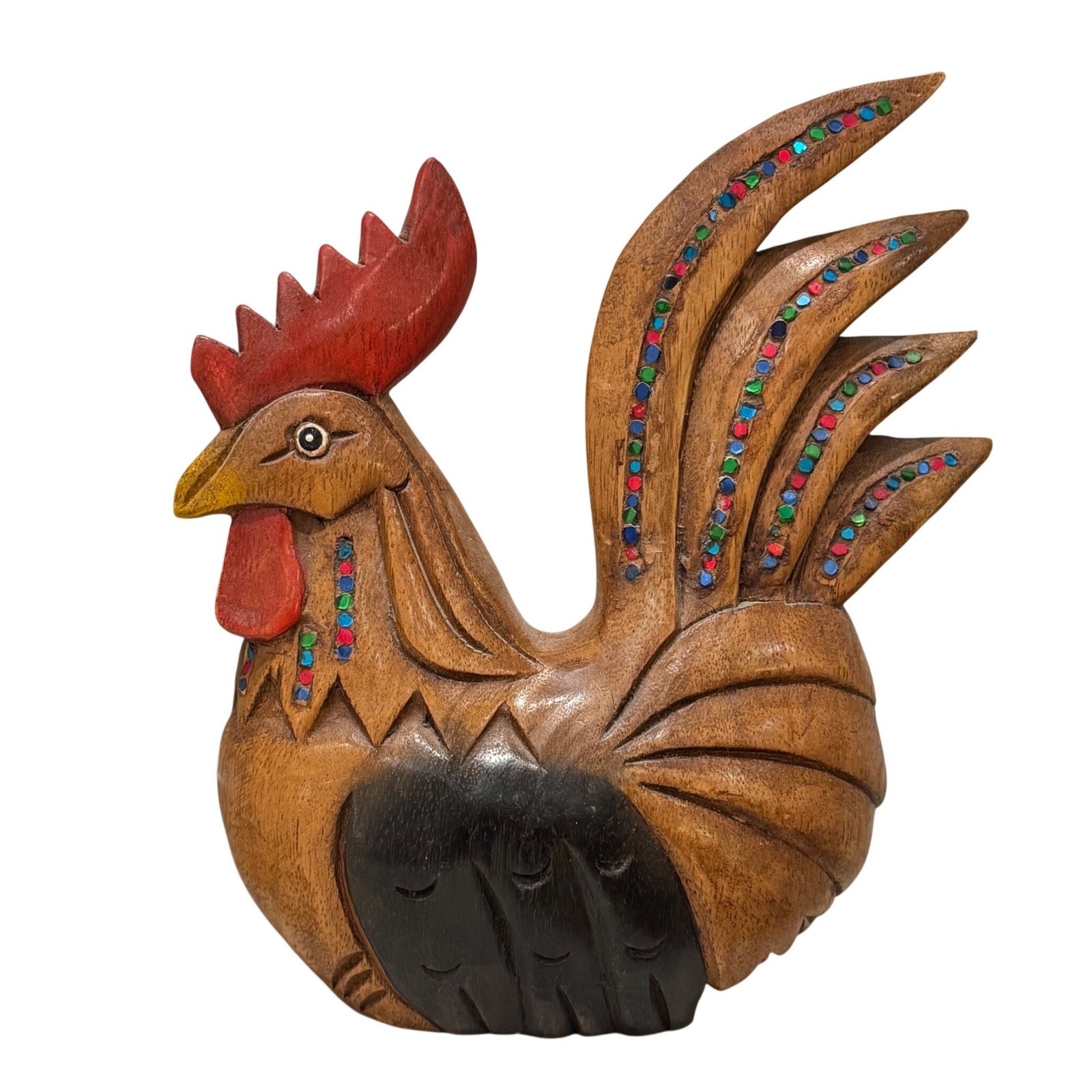 Hand Carved Wooden Rooster Figurine Sculpture 10in Brown Hand Folk Art Inlay