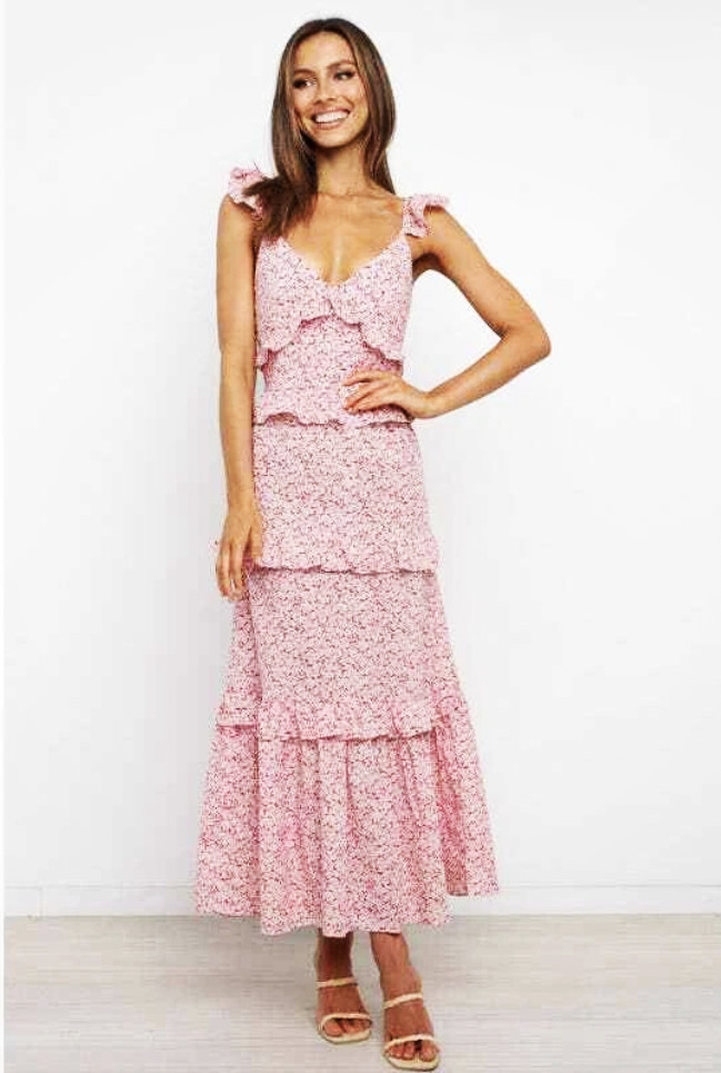 Petal+Pup Women\'s 2 Partially Lined Tiered Ruffle Dress, Side Zip V Neck Pink
