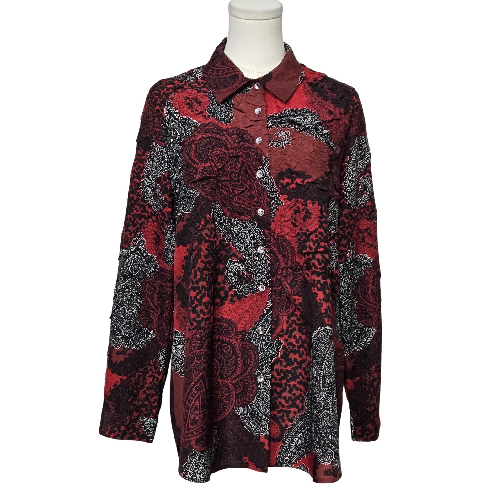 Chico\'s Shirt Womens 2 Red Paisley Long Sleeve Button Front Rhinestone Tunic Top