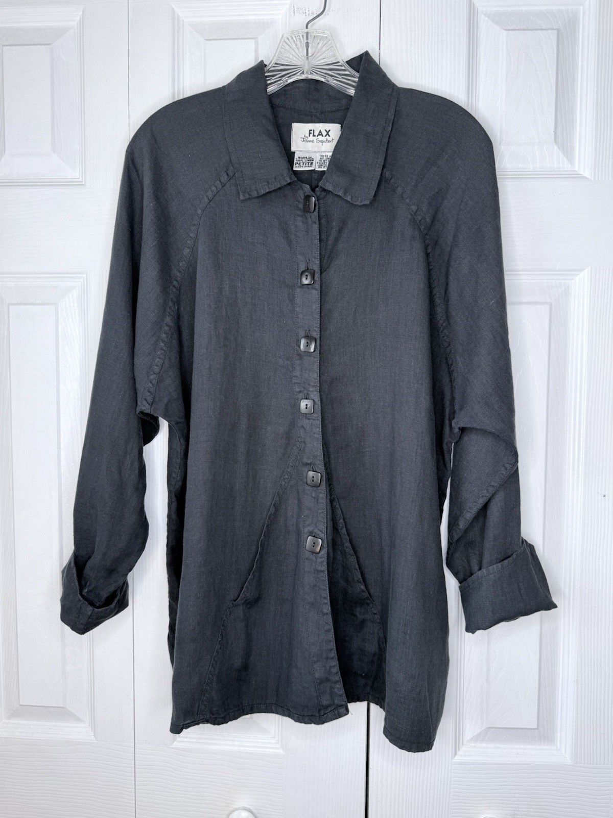 FLAX by Jeanne Engelhart 100% Linen Shirt Jacket Shacket Black Petite Lagenlook