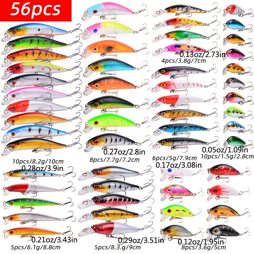 56pcs Minnow Crankbait Fishing Lures Plastic Hard Bait Artificial Baits