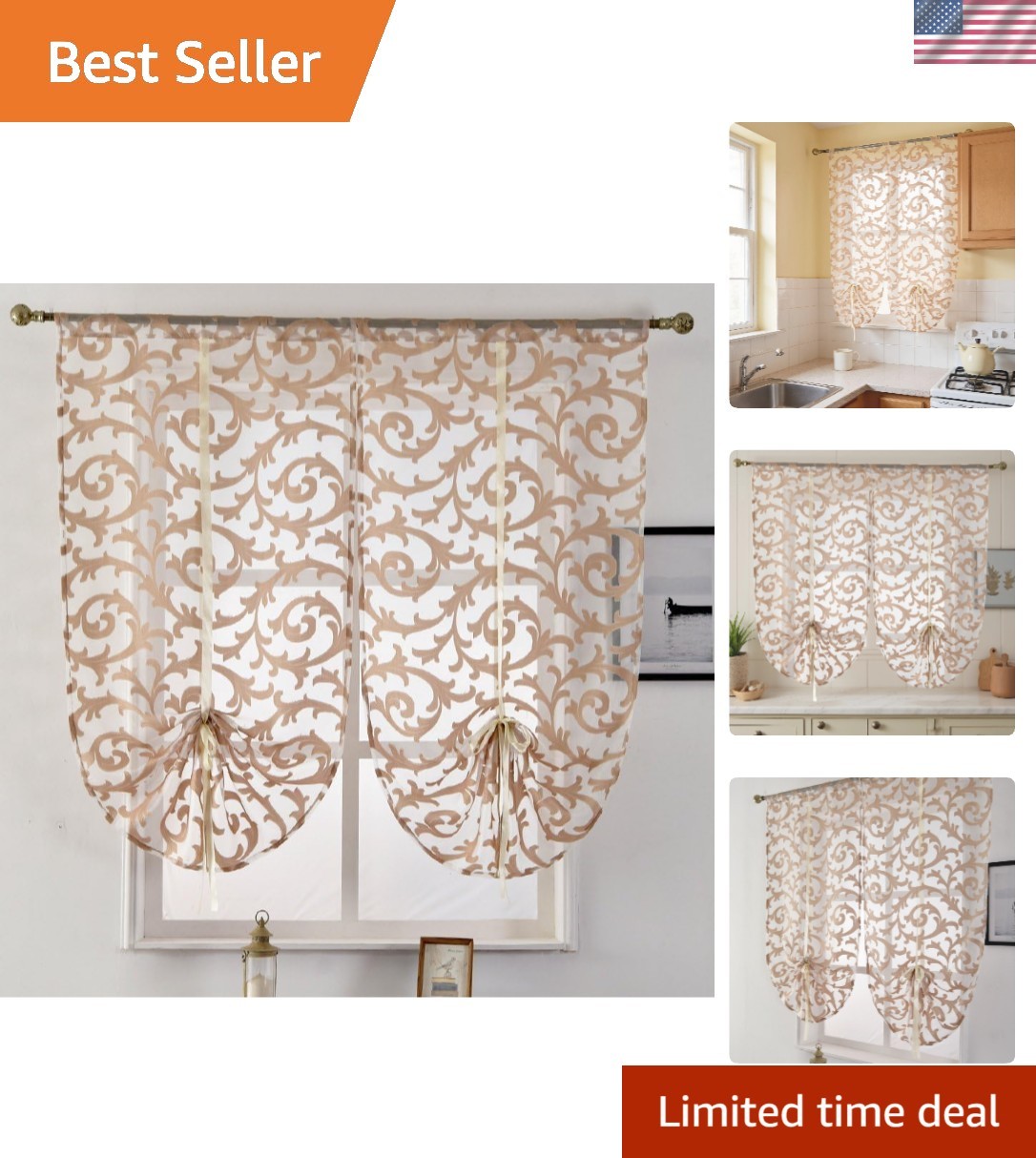 Vintage Floral Tie Up Curtain Valance - 2 Adjustable Panels for Kitchen Windows Vintage Floral Tie Up Curtain Valance - 2 Adjustable Panels for Kitchen Windows