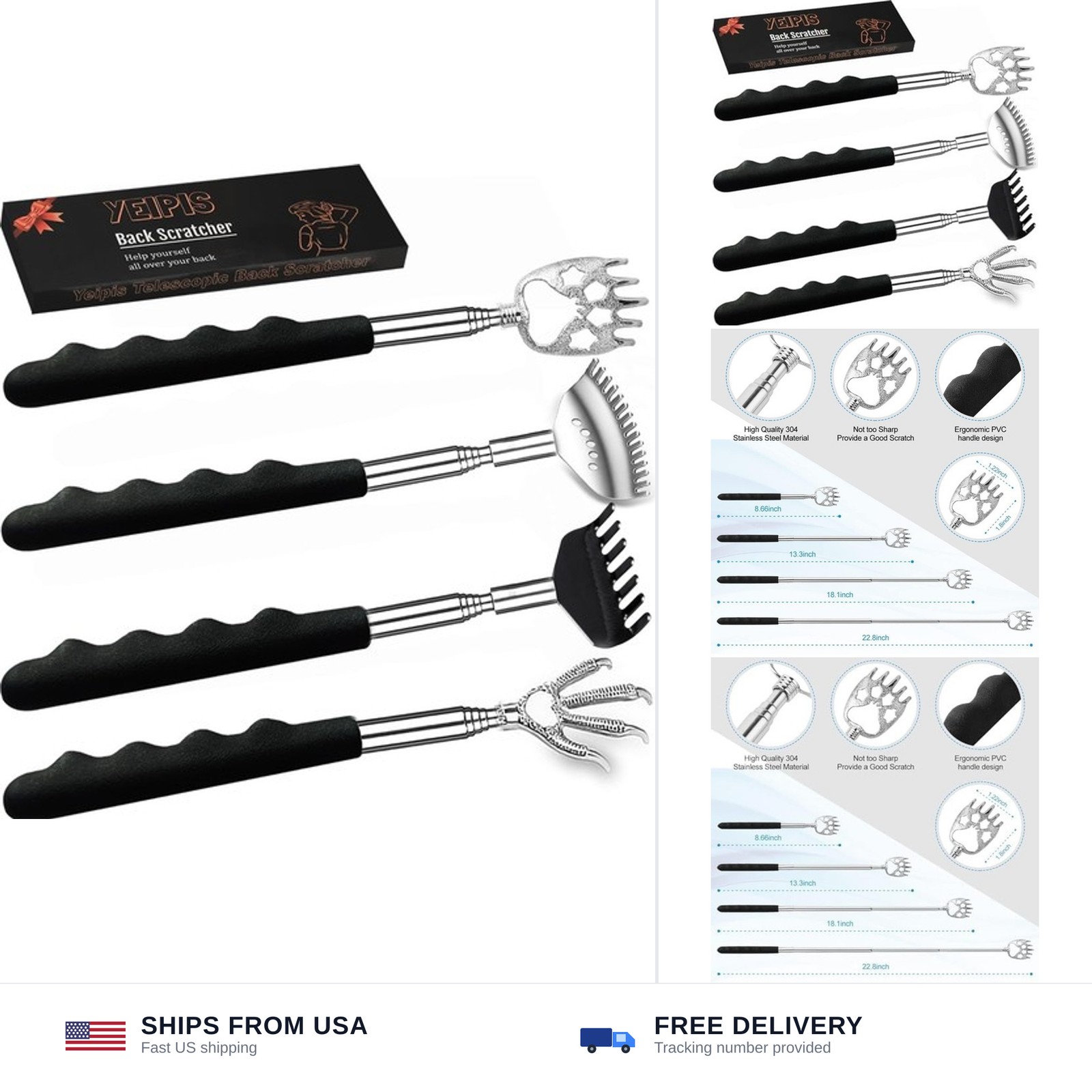 Yeipis 4Pcs Different Back Scratcher Extendable Back Massager Tool with Rubbe...