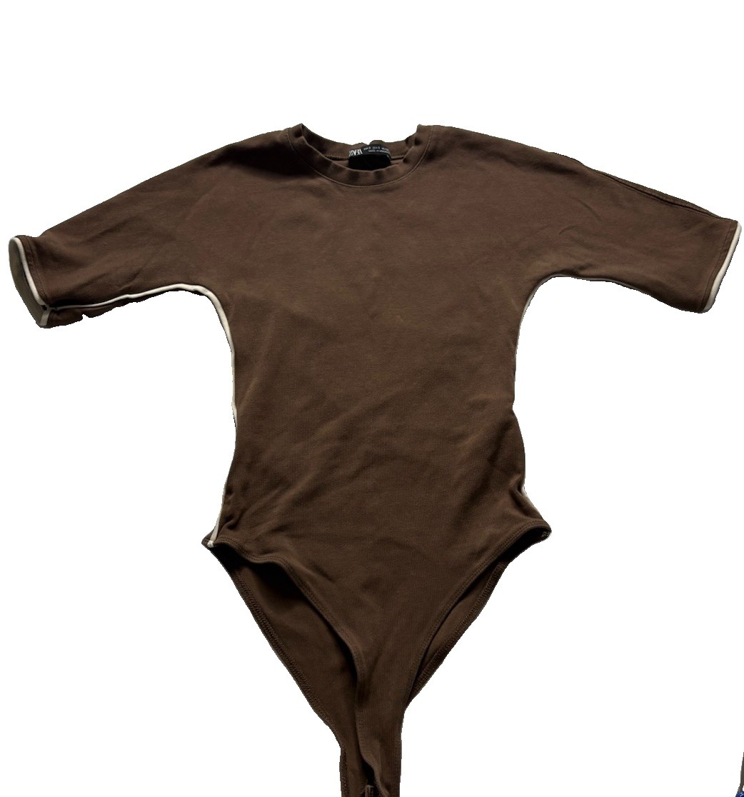 Zara Bodysuit Size Small Brown Contrasting Trim Short Sleeve