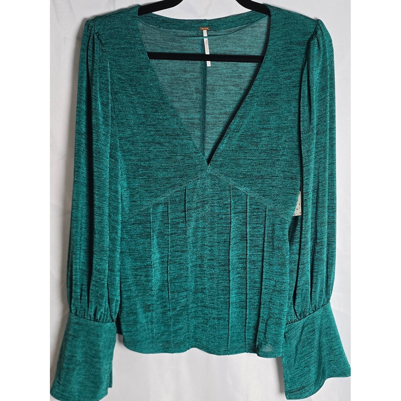 Free People Teal Green V-Neck Corset Pleated Long Sleeve Top OB656496 Womens L