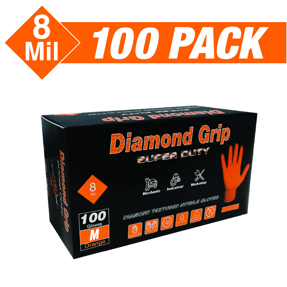 Heavy Duty Industrial Orange Nitrile Gloves with Raised Diamond Texture, 8-mil Heavy Duty Industrial Orange Nitrile Gloves with Raised Diamond Texture, 8-mil