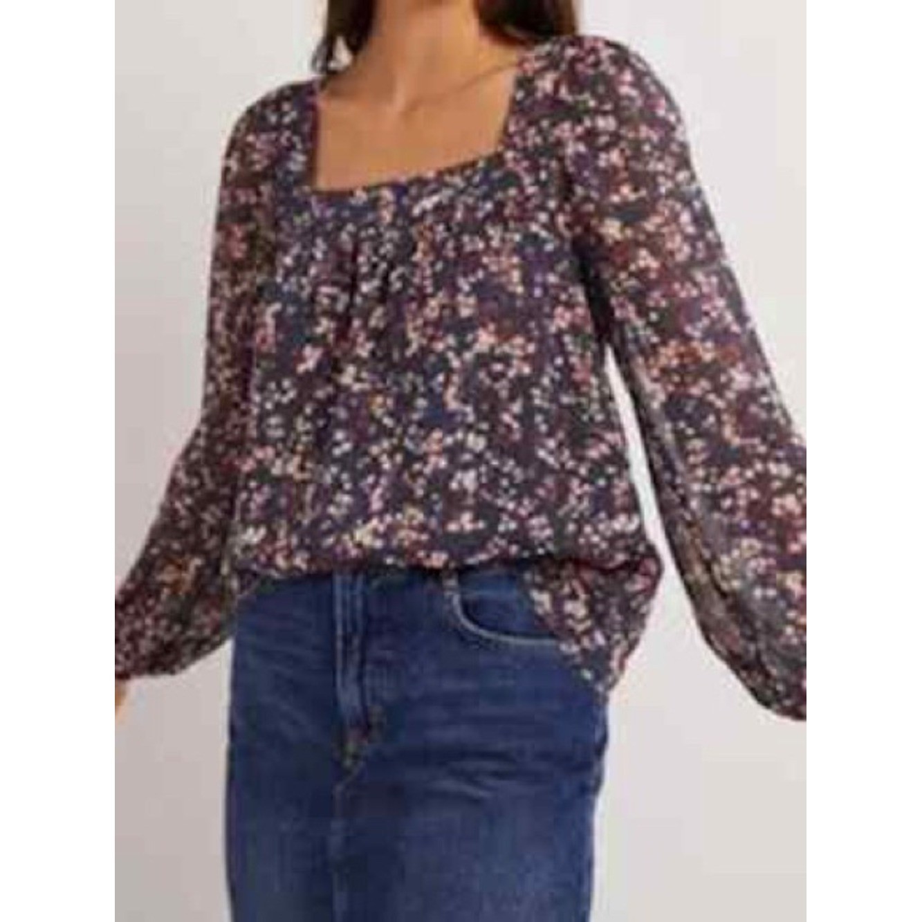 Boden Square Neck Printed Top Women 12 Navy Floral NWOT Balloon Sleeve Blouse