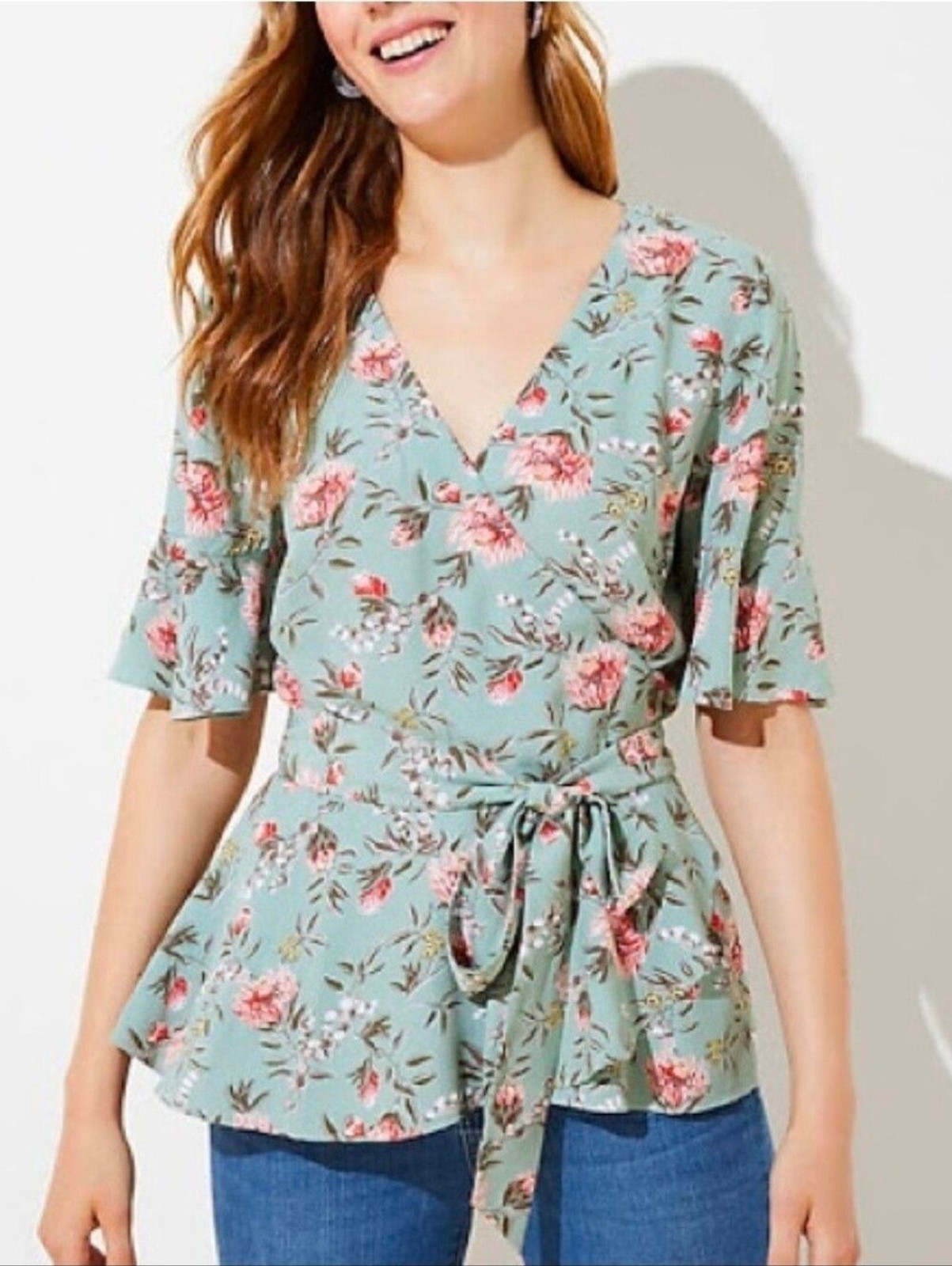 🐢Loft Size LARGE Floral Wrap Peplum Top - Sage Green EUC