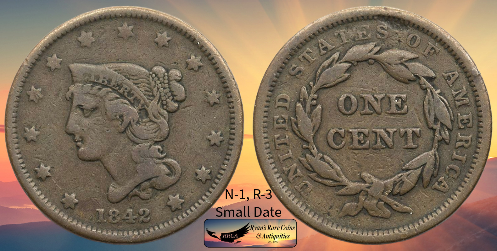 1842 Braided Hair Large Cent, N-1 Small Date, Scarce R-3, Fine+ Condition  C8793
