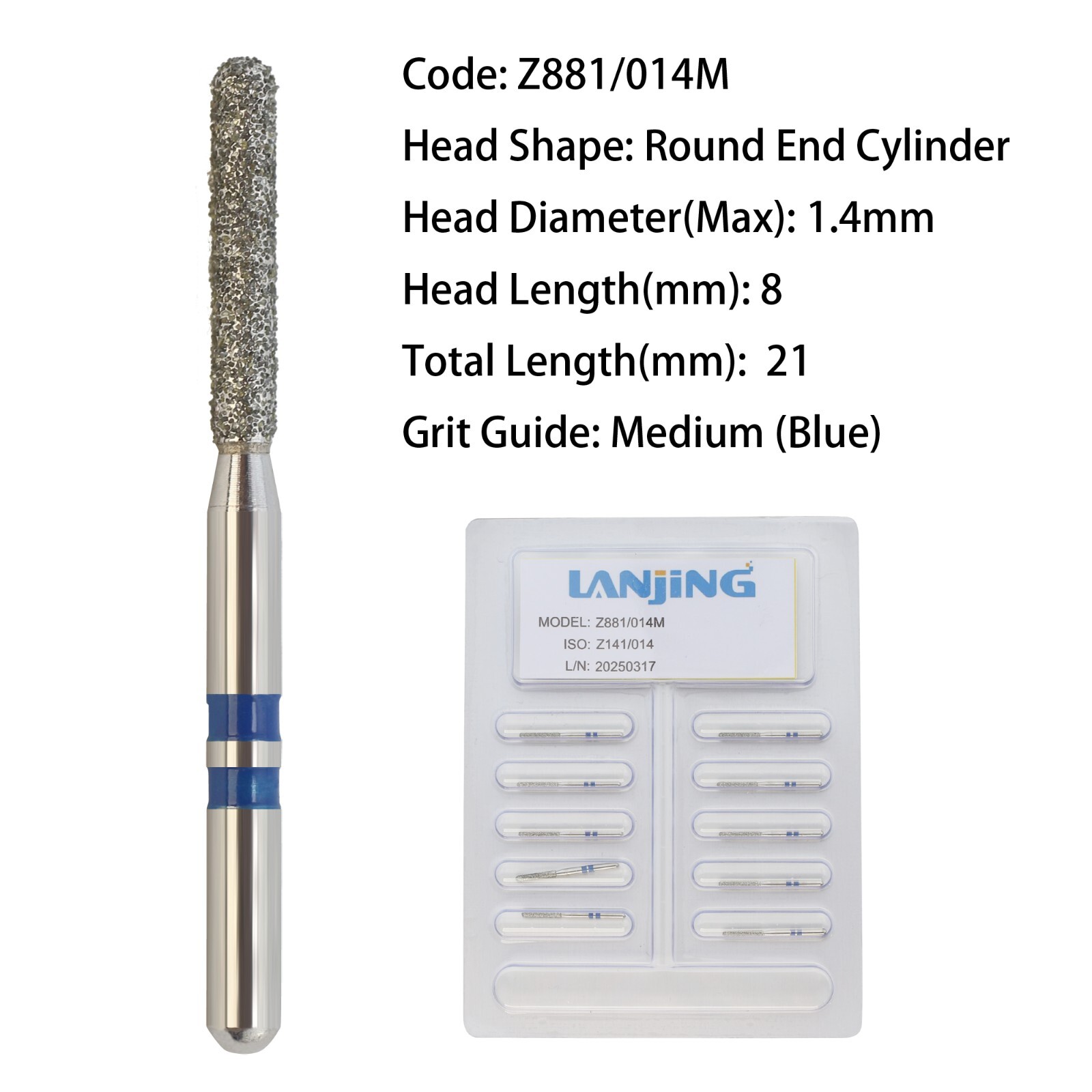 Zirconia Adjustment Diamond Burs Z881/014M Round End Cylinder Friction Grip Bur