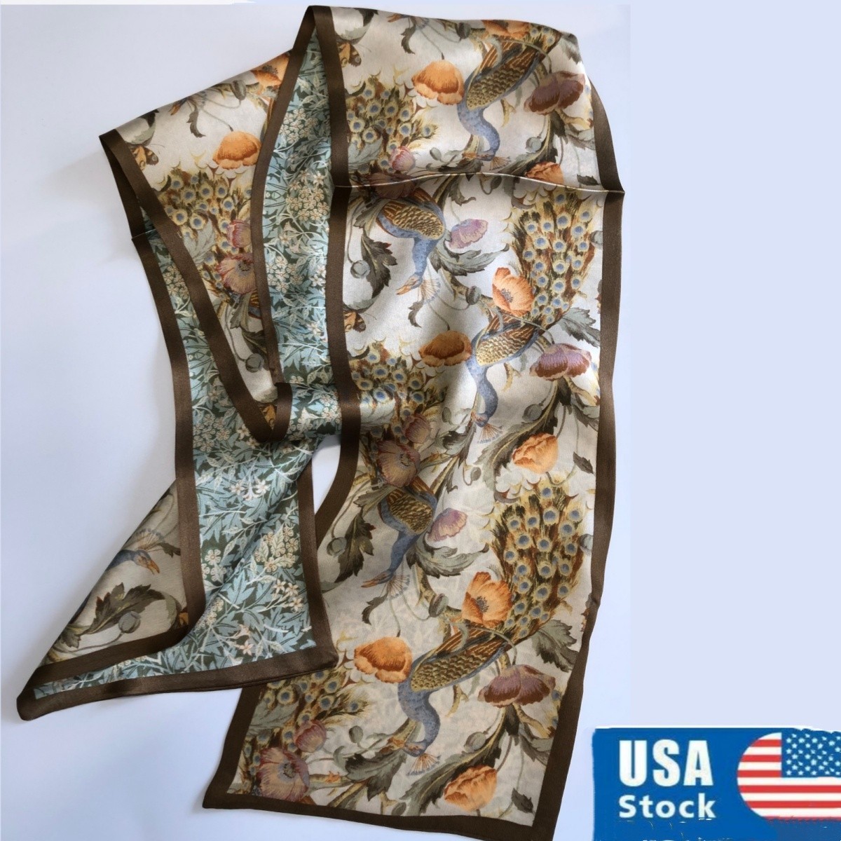 100% Mulberry Silk Long Skinny Scarf Double-Sided Print Neck Hairband Kerchief