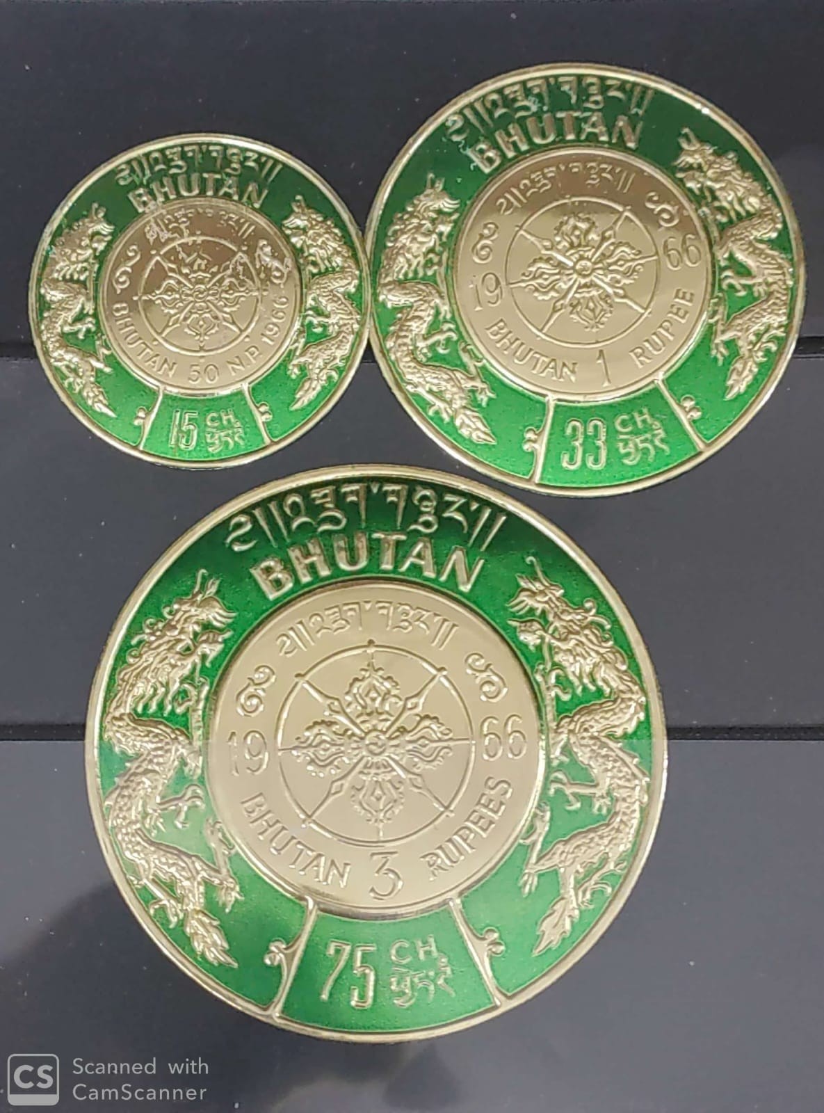 SD BHUTAN 1966  UNISSUED DUAL CURRENCY GOLD FOIL 3v complete set MNH