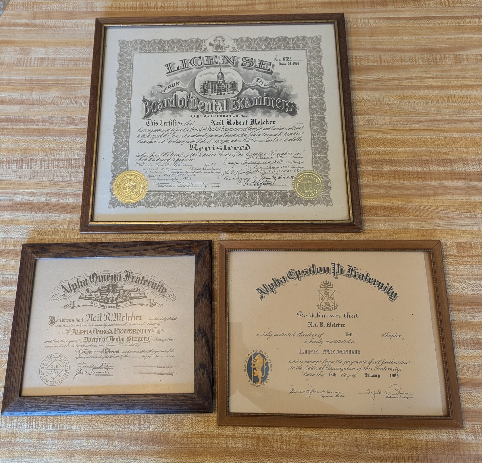 Vintage 1961-63 Neil R Melcher DDS Dental Certificates Northwestern Alpha Omega