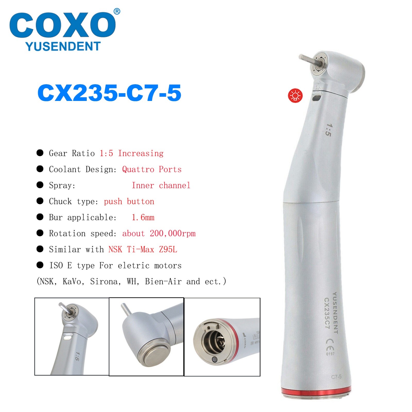 US COXO Dental 1:5 Handpiece Optic Contra Angle Electric Handpiece E-Type