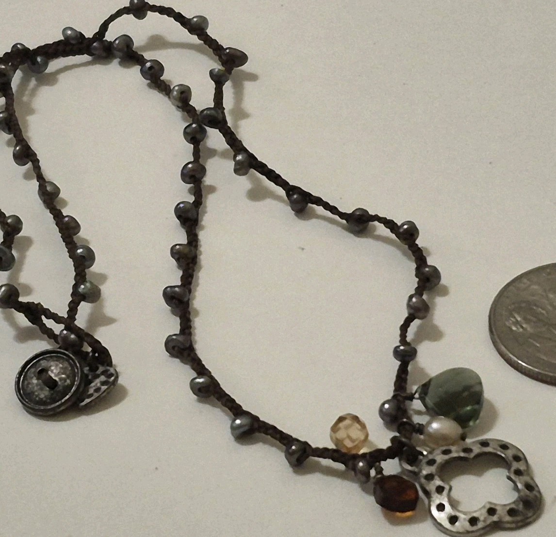 Vintage Brighton Karma Cross 925 Sterling Pearl Gemstone Cord Necklace