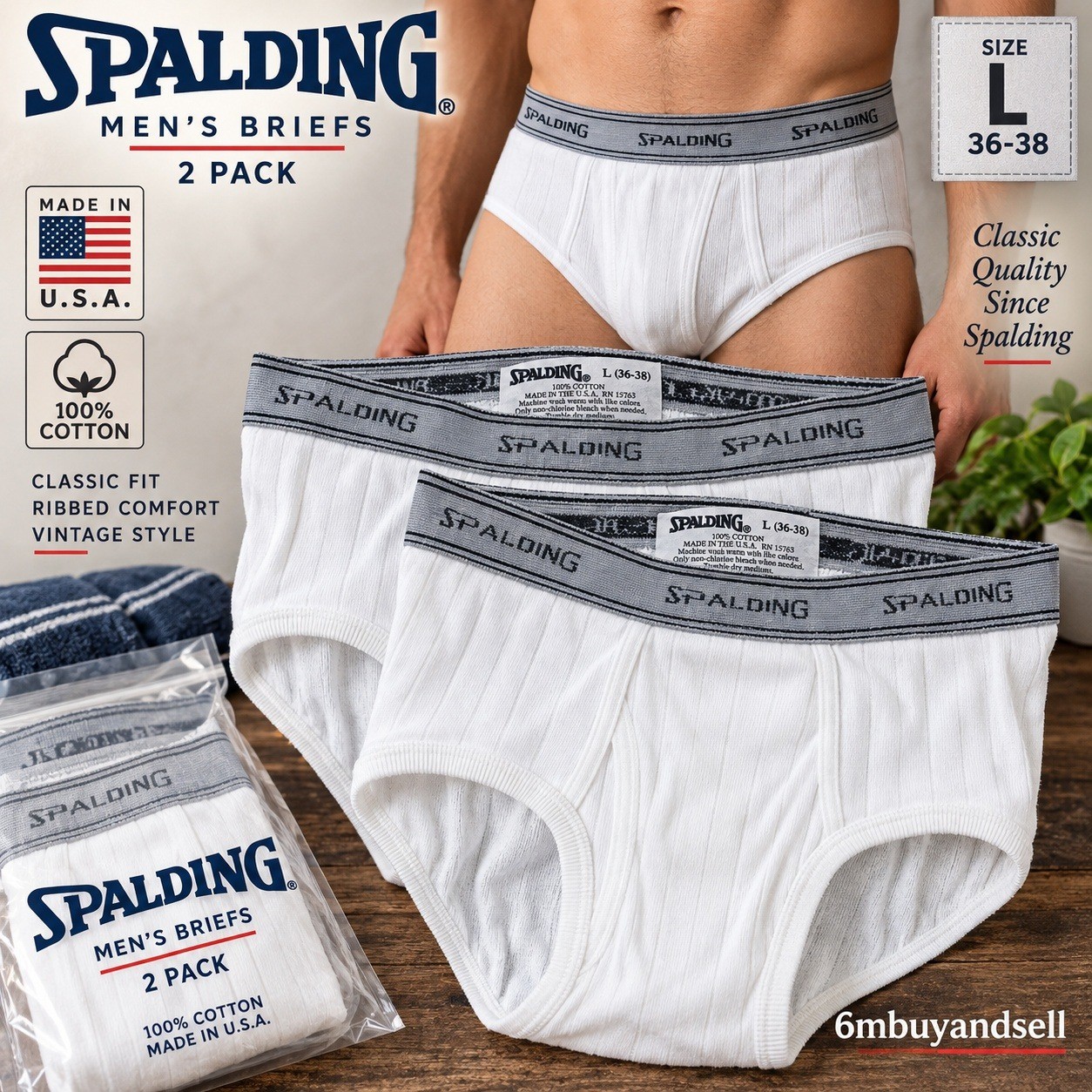 Vintage Spalding Mens Briefs 2 Pack White Ribbed Cotton Made in USA Large 36-38