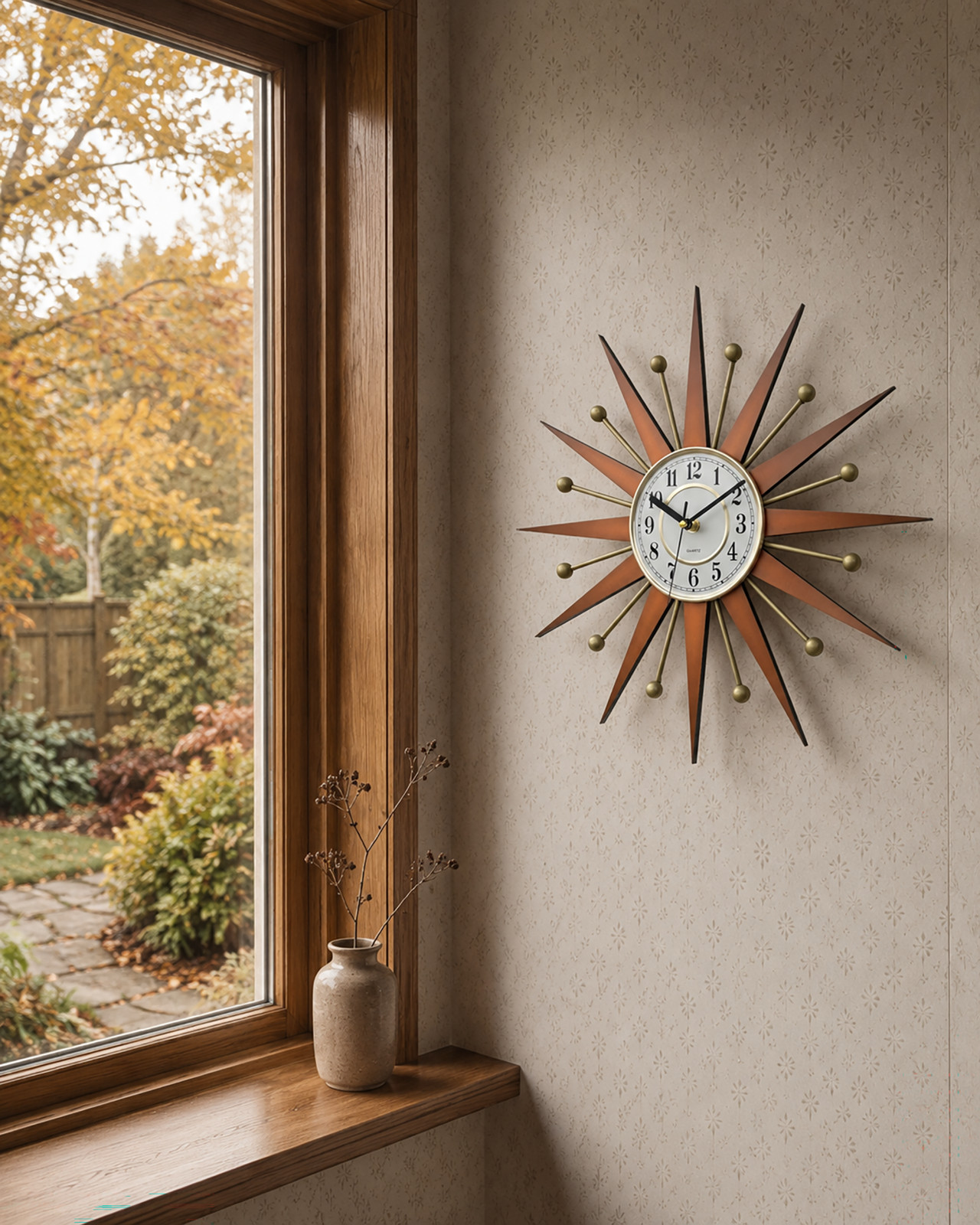 Handmade 16in Orange Sunburst Wall Clock Mid Century Modern Silent Gold Decor