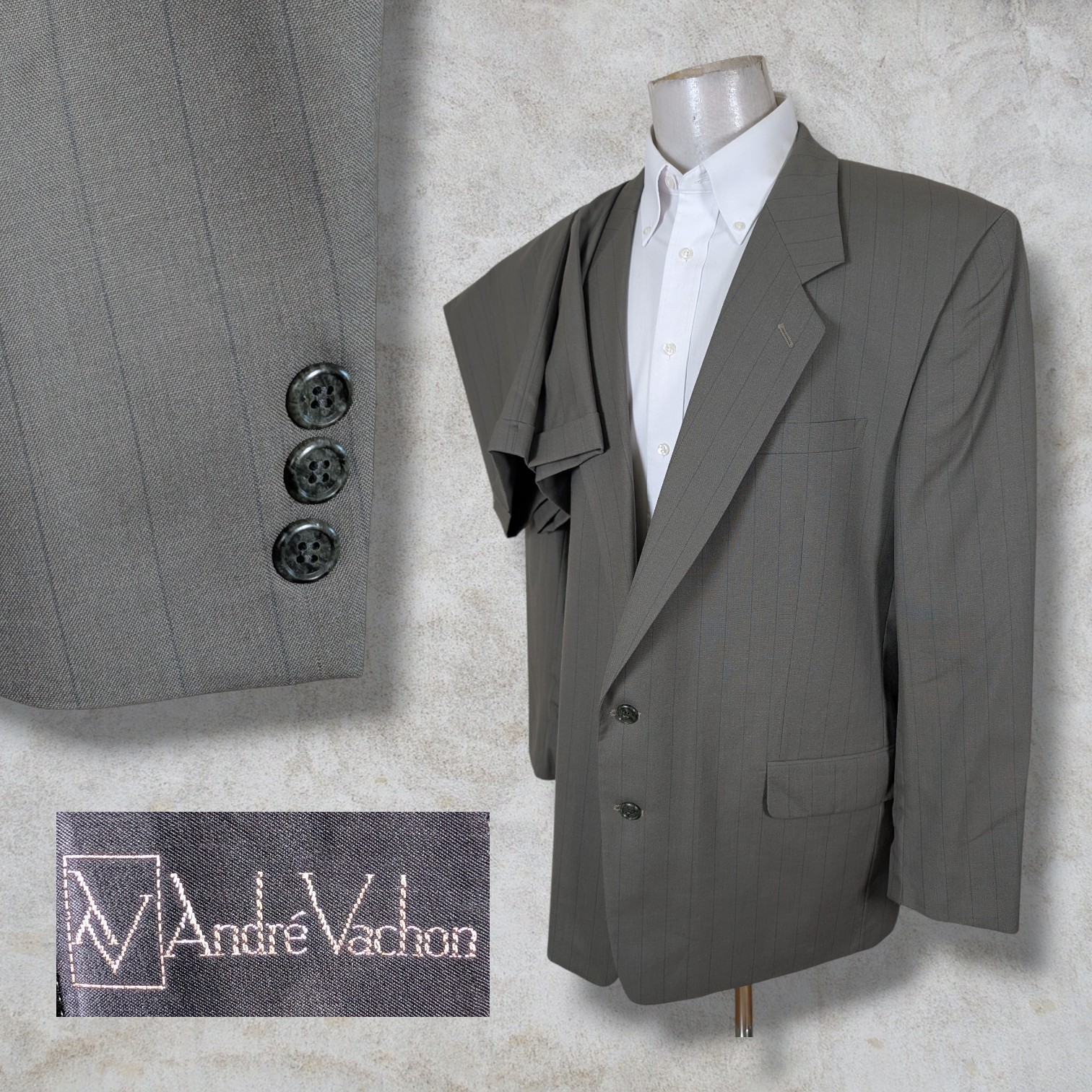 Andre Vachon 2 Piece Suit Mens 48L Pants 40x30 Gray Striped 2 button Front